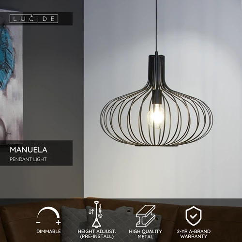 Lucide MANUELA - Pendant light - Ø 50 cm - 1xE27 - Black - USP